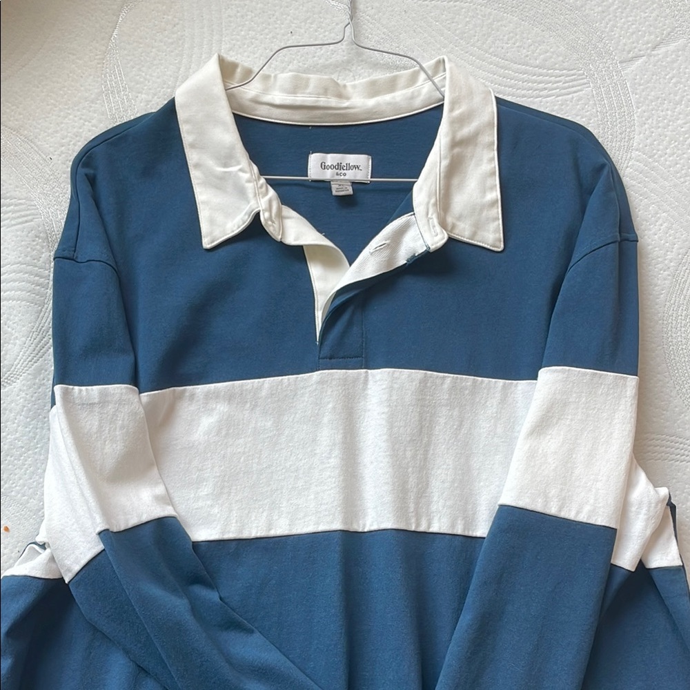 Goodfellow & Co Men's Blue and White Rugby Shirt